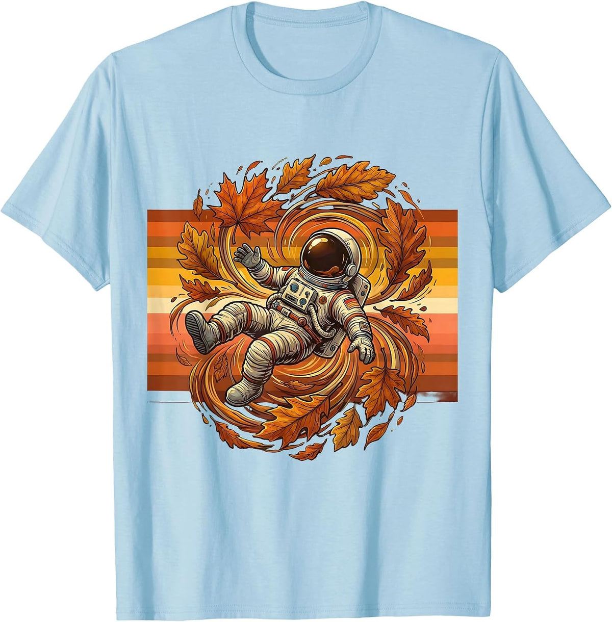Astronaut Tumbling Through Autumn Leaves T-Shirt - Baby Blue