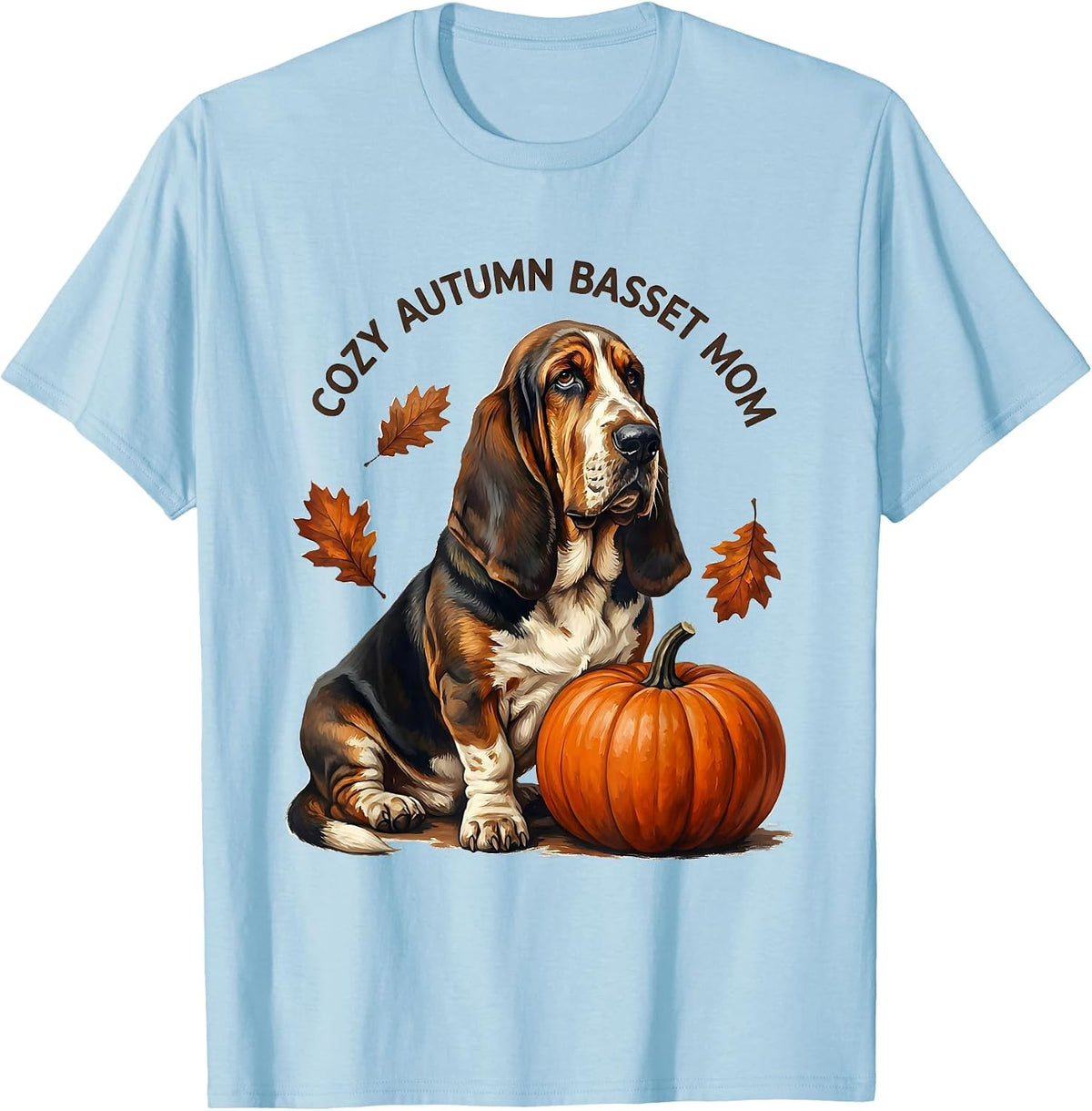 Men's Cozy Autumn Basset Mom Whimsical Basset Hound Fall Dog Lover T-Shirt - Baby Blue