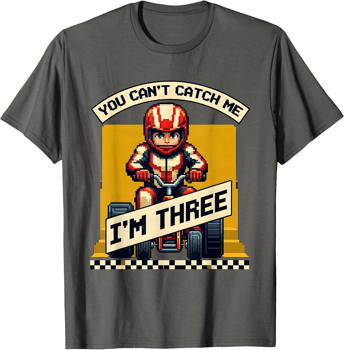 Men's You Can't Catch Me, I'm Three Pixel Art Race Car Birthday T-Shirt - Asphalt Grey