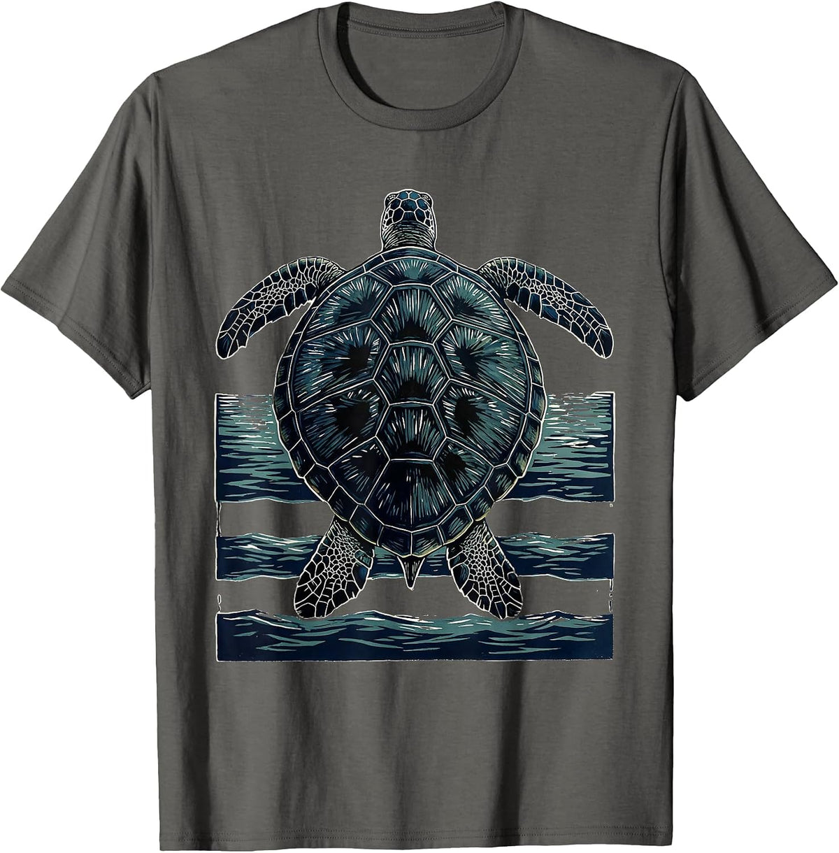 Sea Turtle Linocut Ocean Animal Lover Art T-Shirt - Asphalt Grey