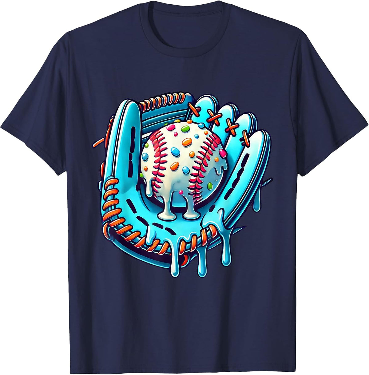 Baseball Drip Design Ice Cream Sprinkles Baseball Player T-Shirt - Navy Blue