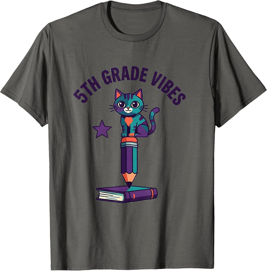 5th Grade Vibes Cute Kitten Back To School Girls Teachers T-Shirt - Asphalt Grey