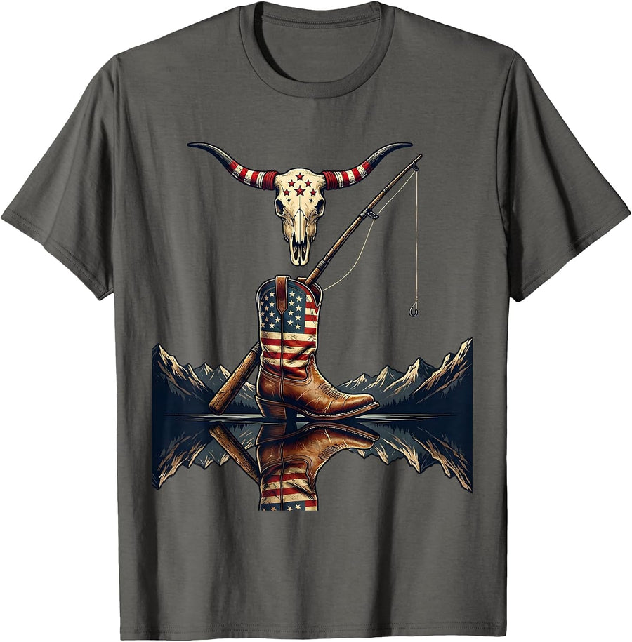 Fishing Rod Cast Over Glassy Mountain Lake T-Shirt - Asphalt Grey