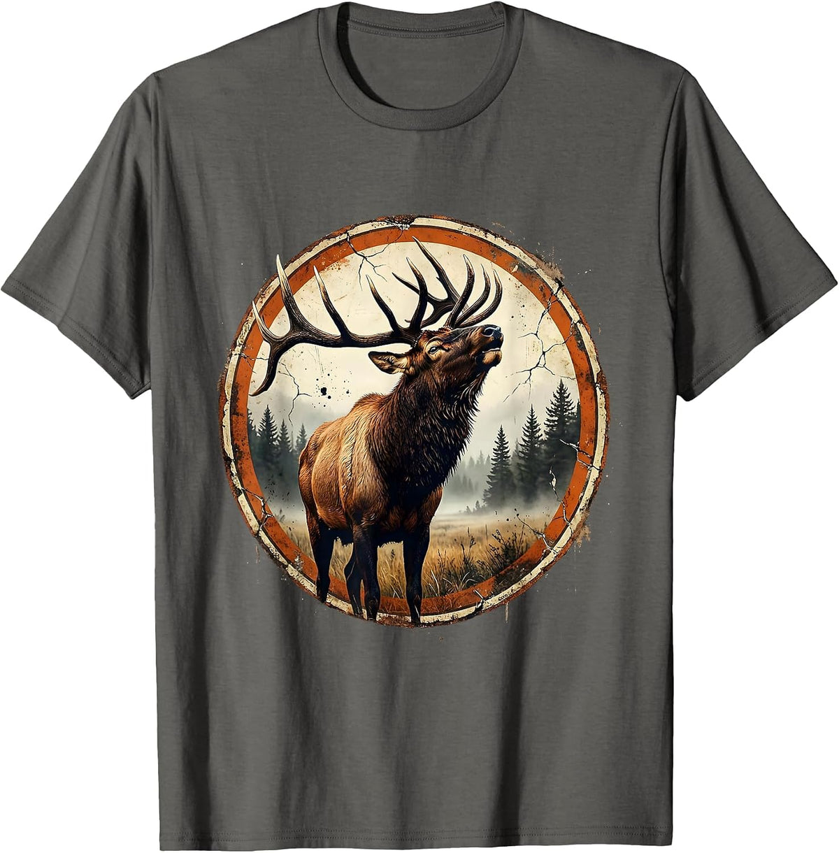 Bull Elk Bugling in Misty Meadow Illustration T-Shirt - Asphalt Grey