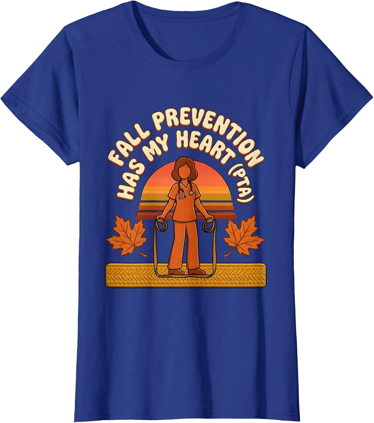 Women's Fall Prevention Has My Heart PTA Retro 70s Physical Therapy T-Shirt - Royal Blue