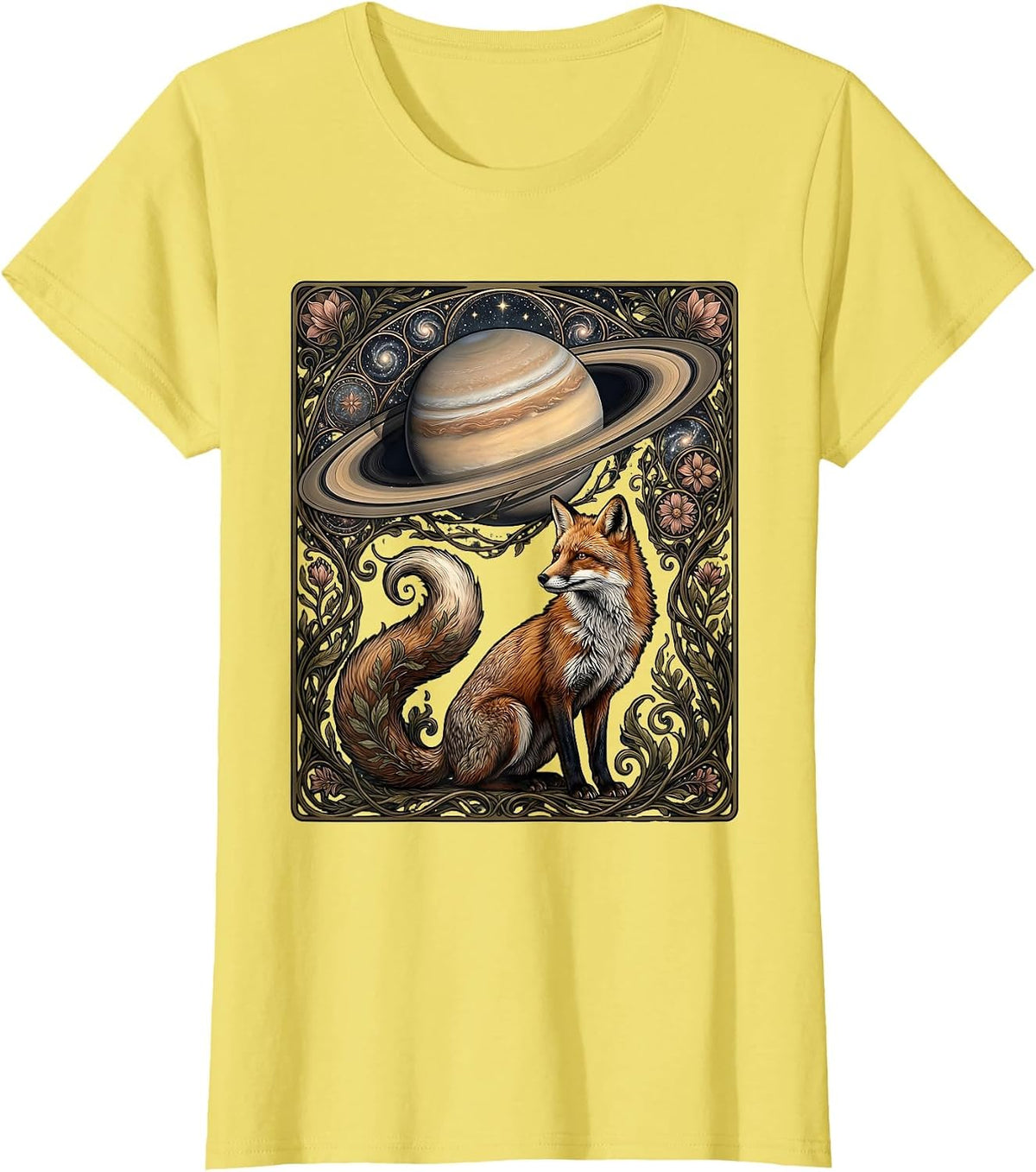 Fox Gazing at Ringed Planet Space Illustration T-Shirt - Lemon Yellow