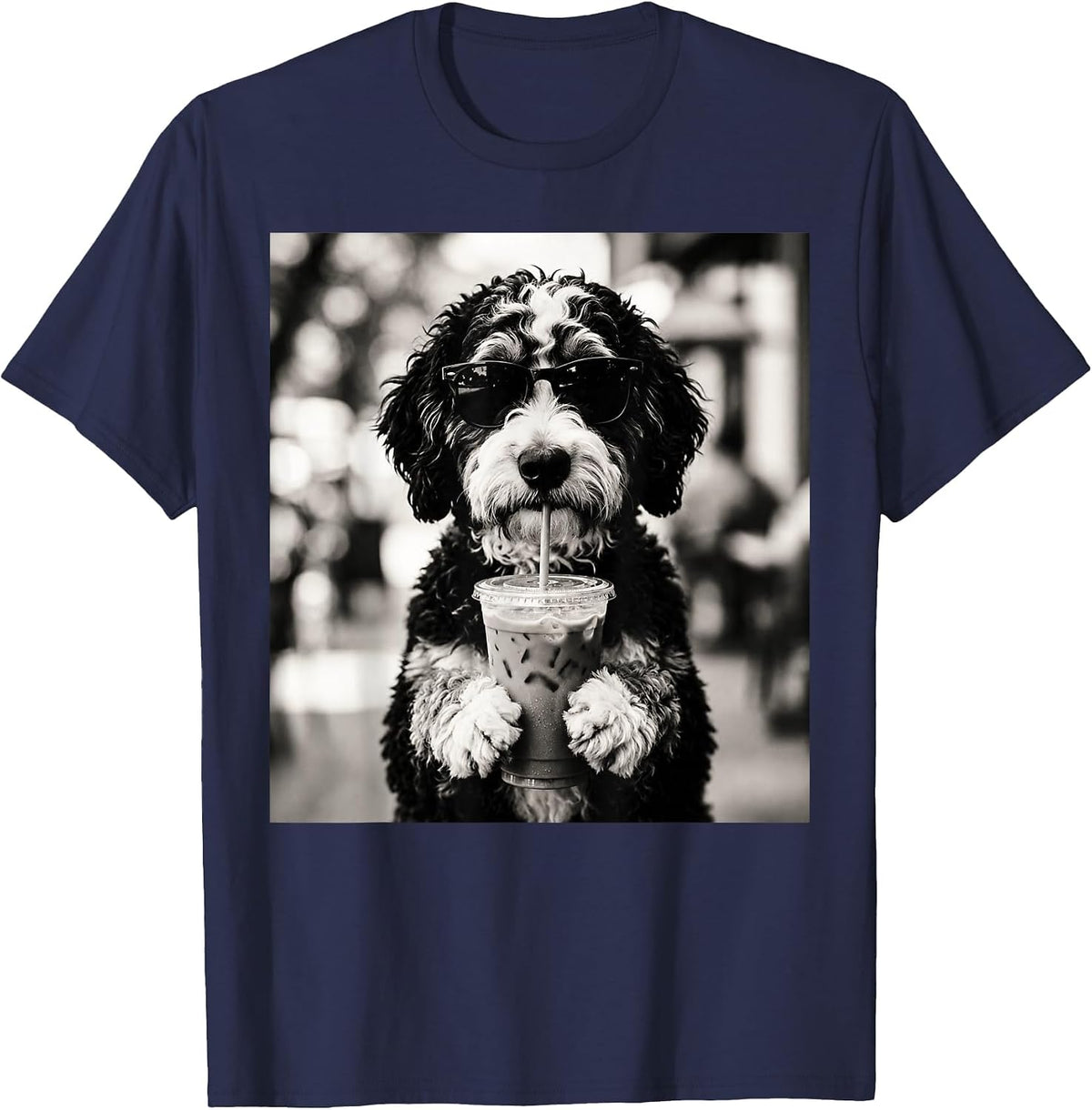 Bernedoodle Iced Coffee Photo Funny Dog Lover Art T-Shirt - Navy Blue