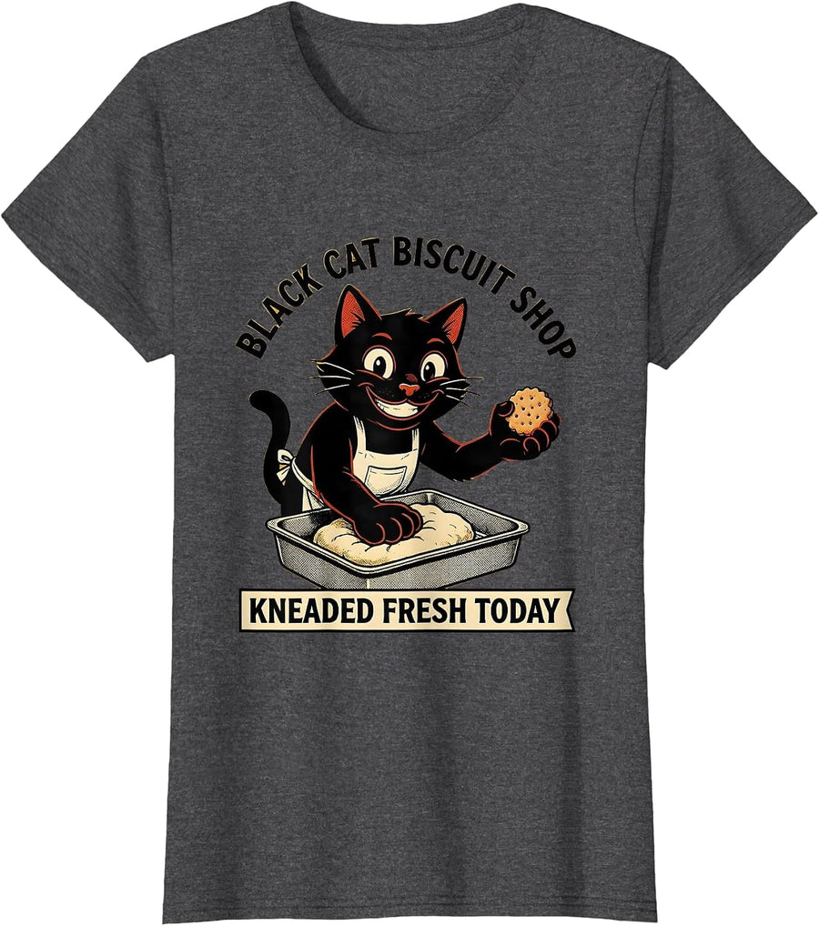 Women's Black Cat Biscuit Shop Kneaded Fresh Today Funny Cat Lover T-Shirt - Dark Heather Grey