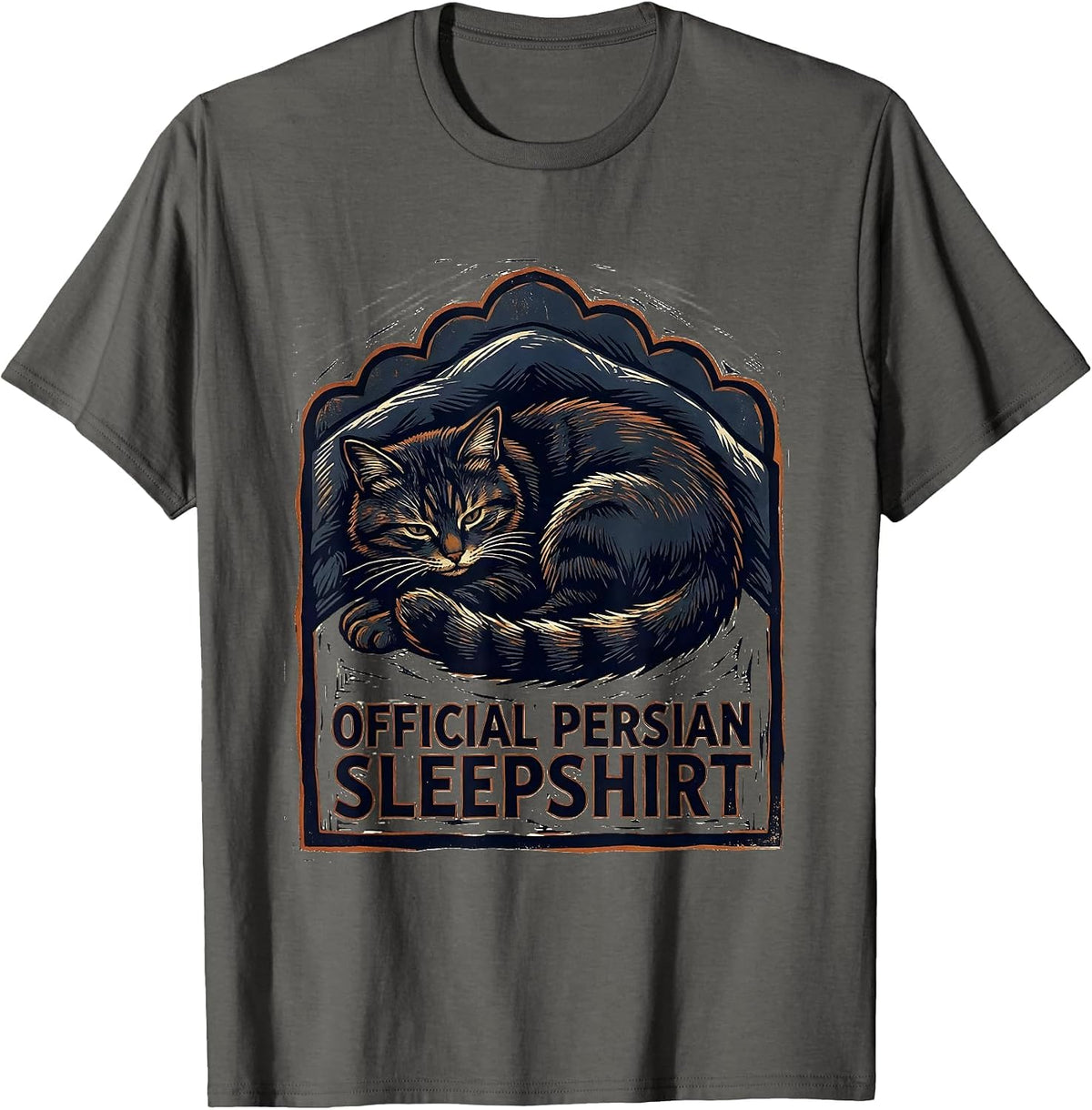 Men's Official Persian Sleepshirt Cute Cat Lover Linocut T-Shirt - Asphalt Grey