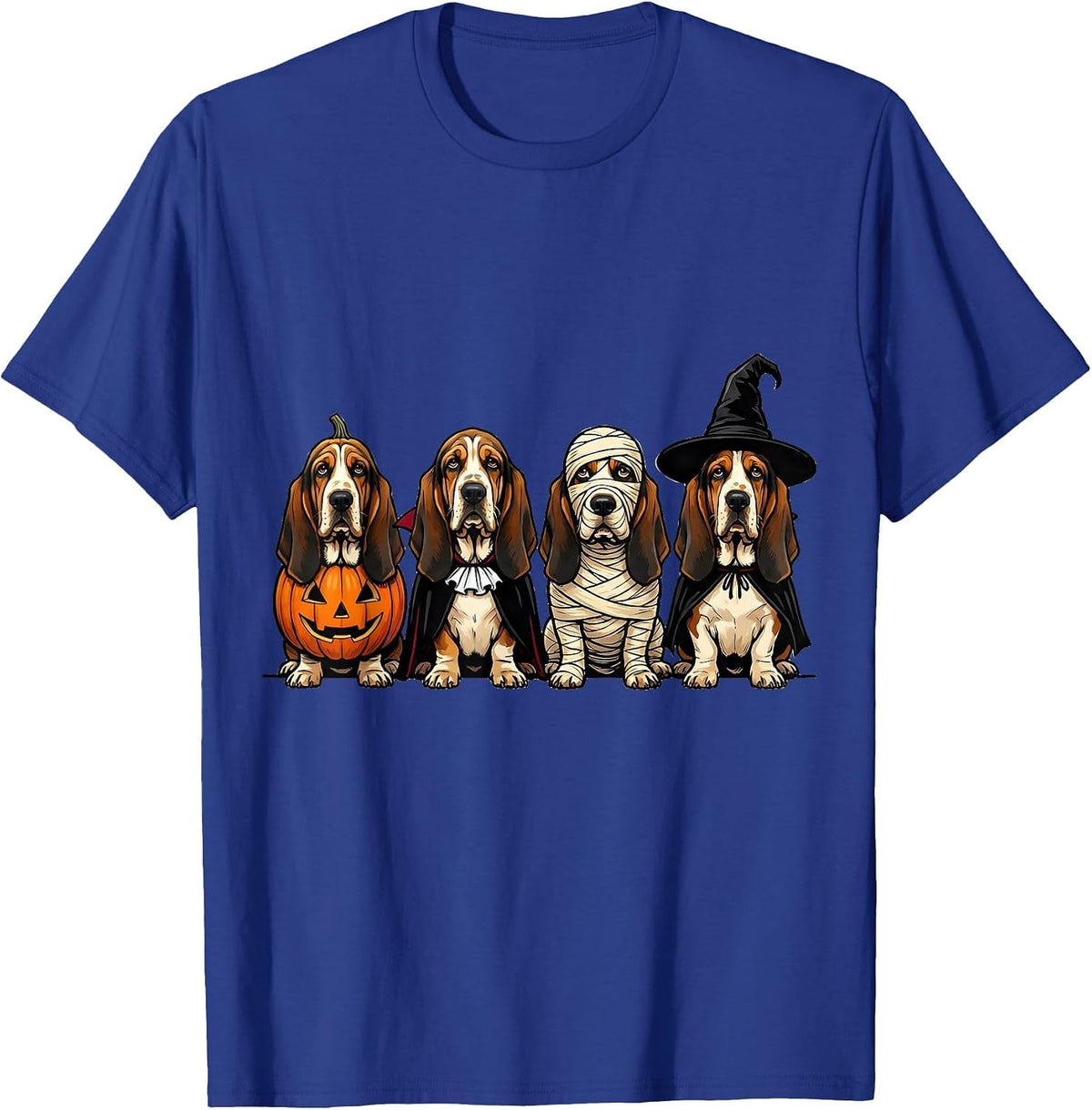 Men's Halloween Basset Hound Squad Pumpkin Vampire Mummy Witch Dog T-Shirt - Royal Blue