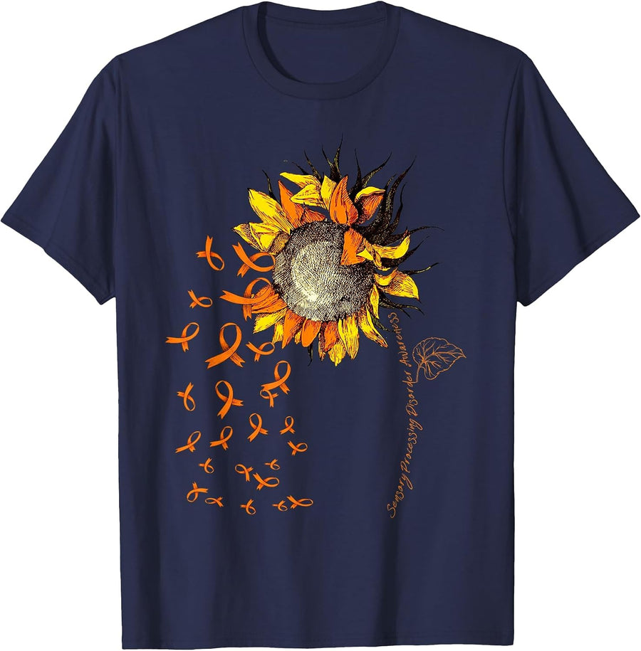 Sensory Processing Disorder Awareness Sunflower Ribbon T-Shirt - Navy Blue