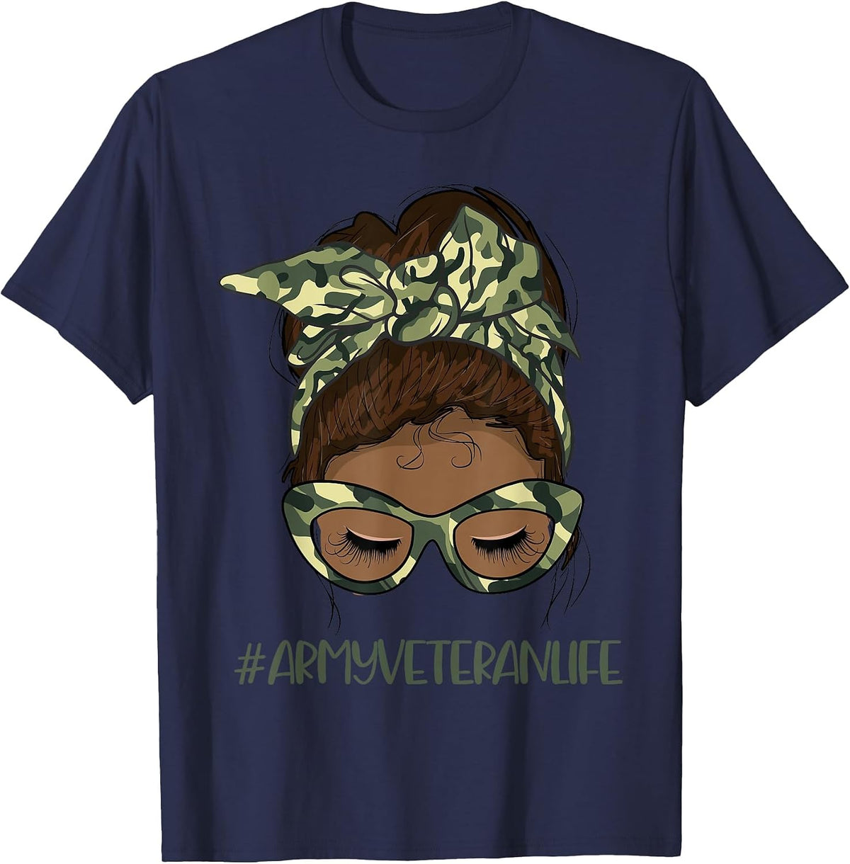 African American Army Veteran Female Afro Melanin Girl T-Shirt - Navy Blue