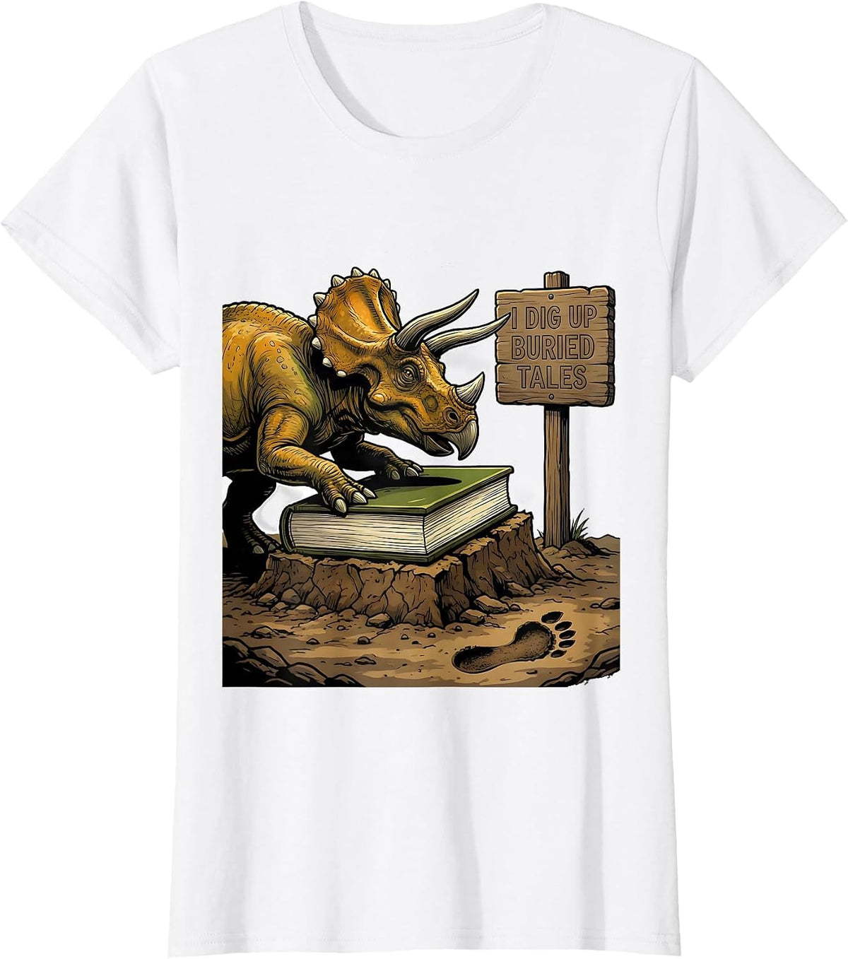 Women's I Dig Up Buried Tales Funny Dinosaur Bookworm Summer Reading T-Shirt - White