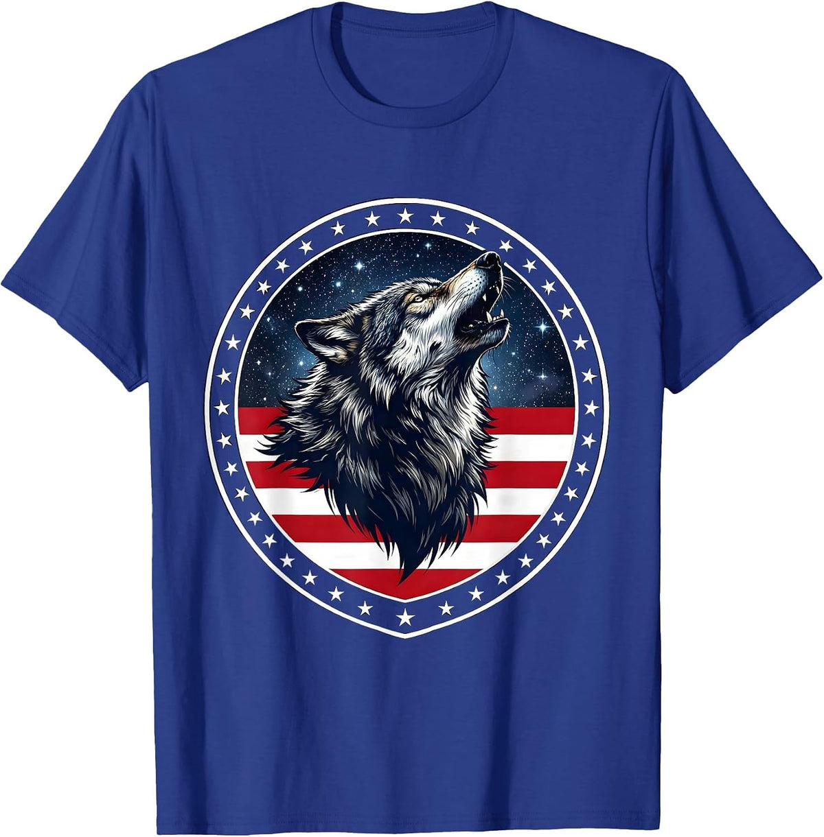 Wolf Howling at Starry Night Sky Illustration T-Shirt - Royal Blue