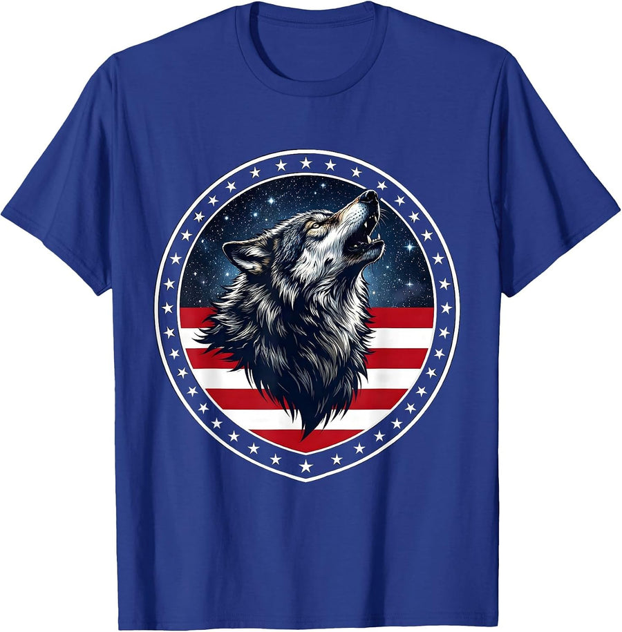Wolf Howling at Starry Night Sky Illustration T-Shirt - Royal Blue