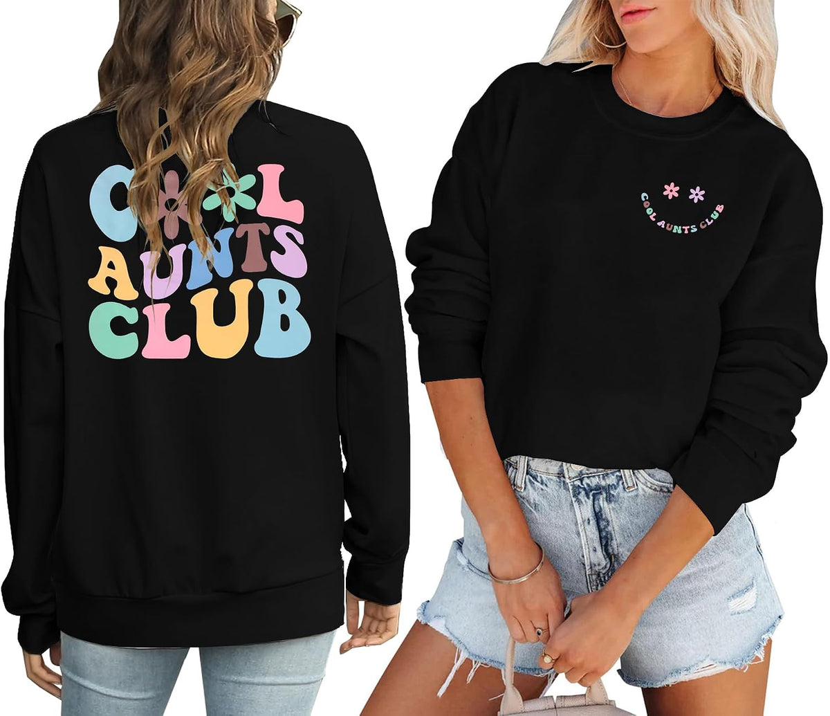 Women Aunt Sweatshirt Cool Aunts Club Crewneck Sweatshirt Auntie Long Sleeve Lightweight Shirt for Aunt Gift - Black