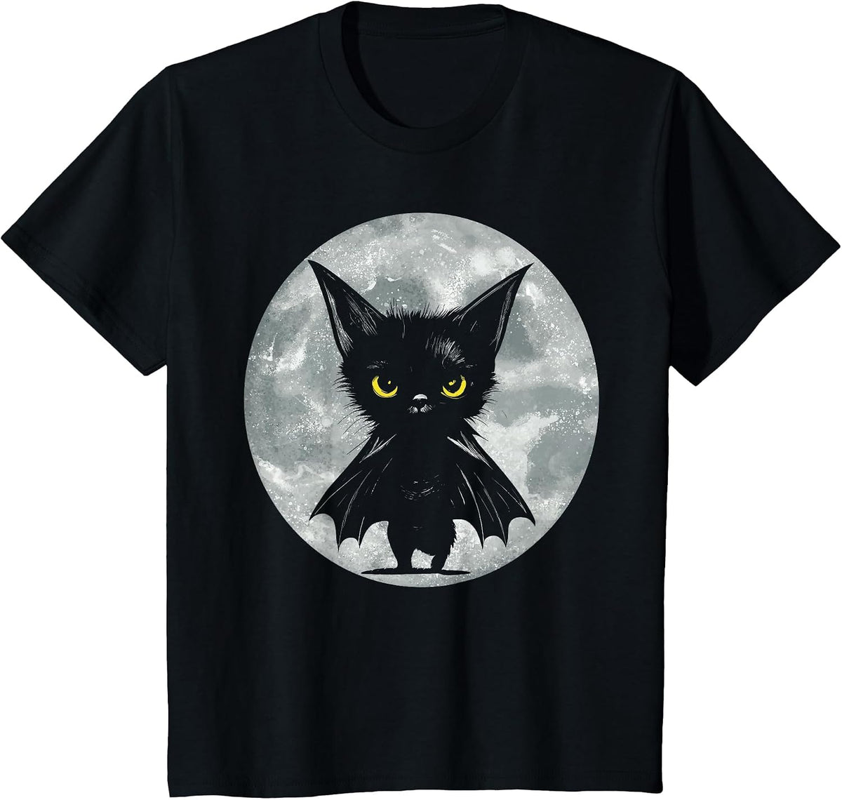 Halloween Cat and Moon: Grumpy Black Kitten in Bat Costume T-Shirt - Black