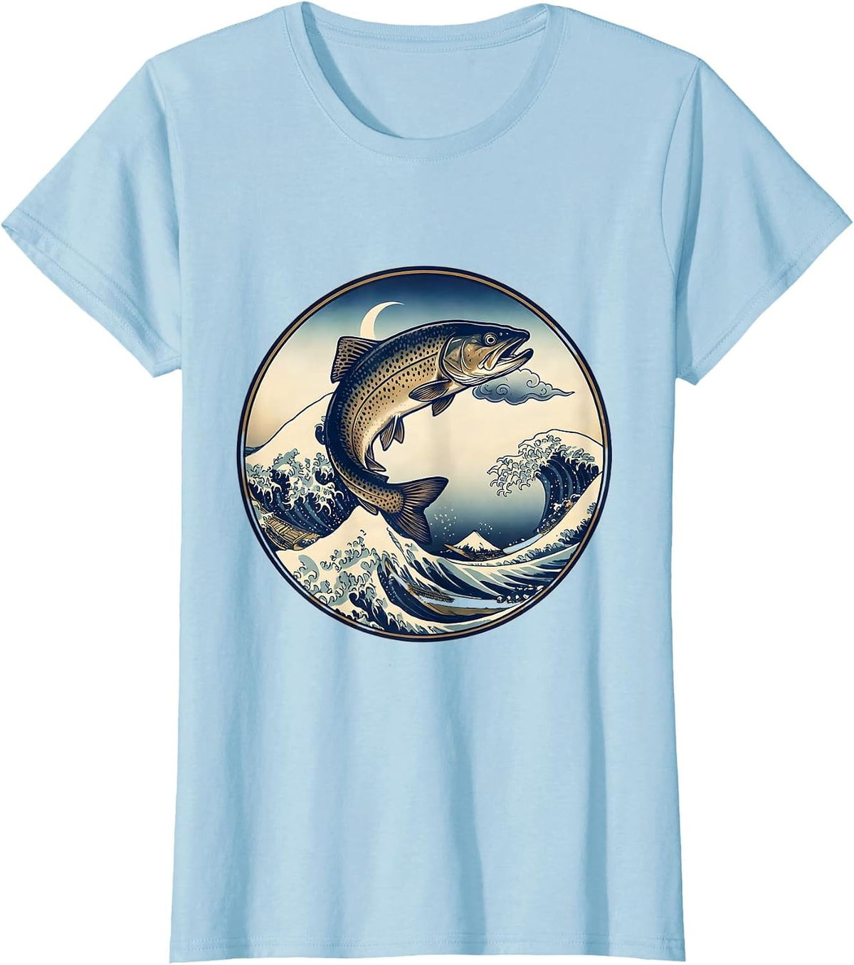 Women's Leaping Trout River Surface Fishing Illustration T-Shirt - Baby Blue