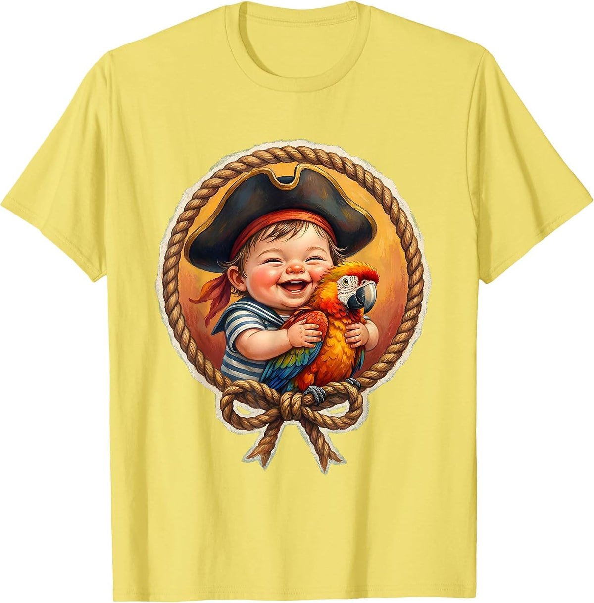 Men's Toddler Pirate Cuddling Pet Parrot Cute Design T-Shirt - Lemon Yellow