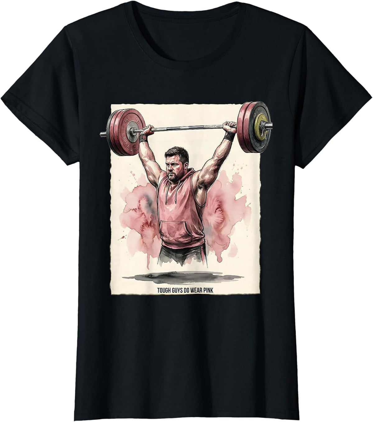 Women's Tough Guys Do Wear Pink Funny Weightlifter Watercolor Cancer T-Shirt - Black