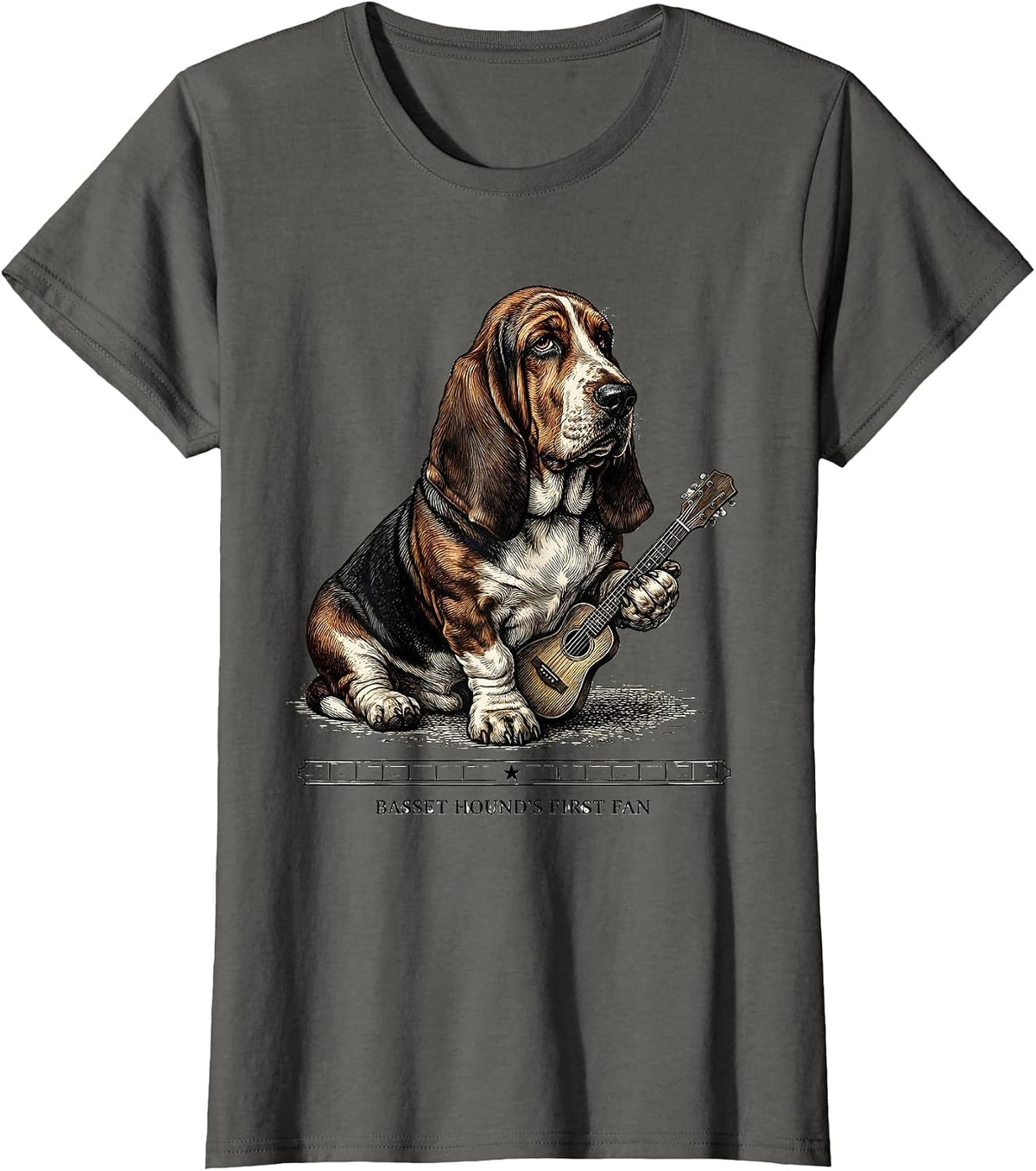 Women's Basset Hound's First Fan Crosshatch Etching Rock Music Dog T-Shirt - Asphalt Grey