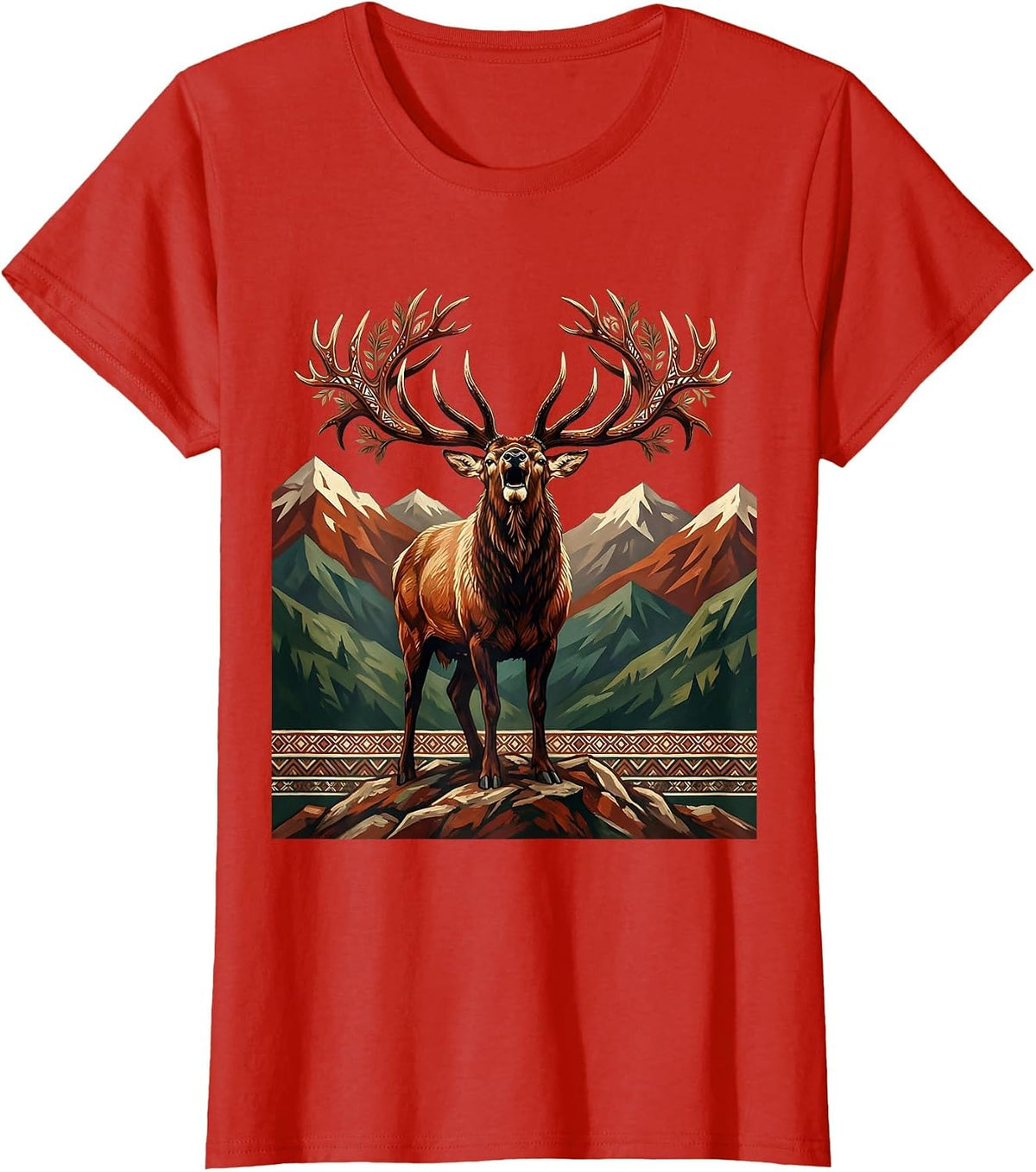 Women's Elk Bugling on Rocky Mountain Ridge T-Shirt - Red
