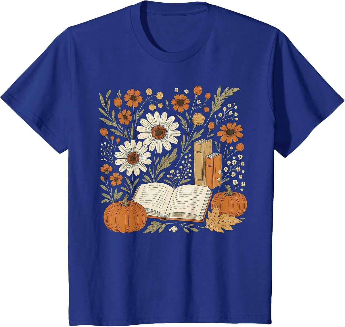 Reading Book Pumpkin Wildflower Fall Reader Bookish Autumn T-Shirt - Royal Blue
