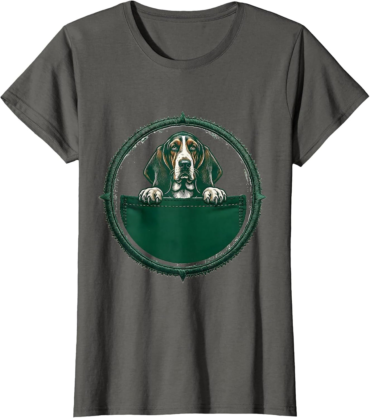 Women's Basset Hound Pocket Rubber Stamp Dog Lover T-Shirt - Asphalt Grey