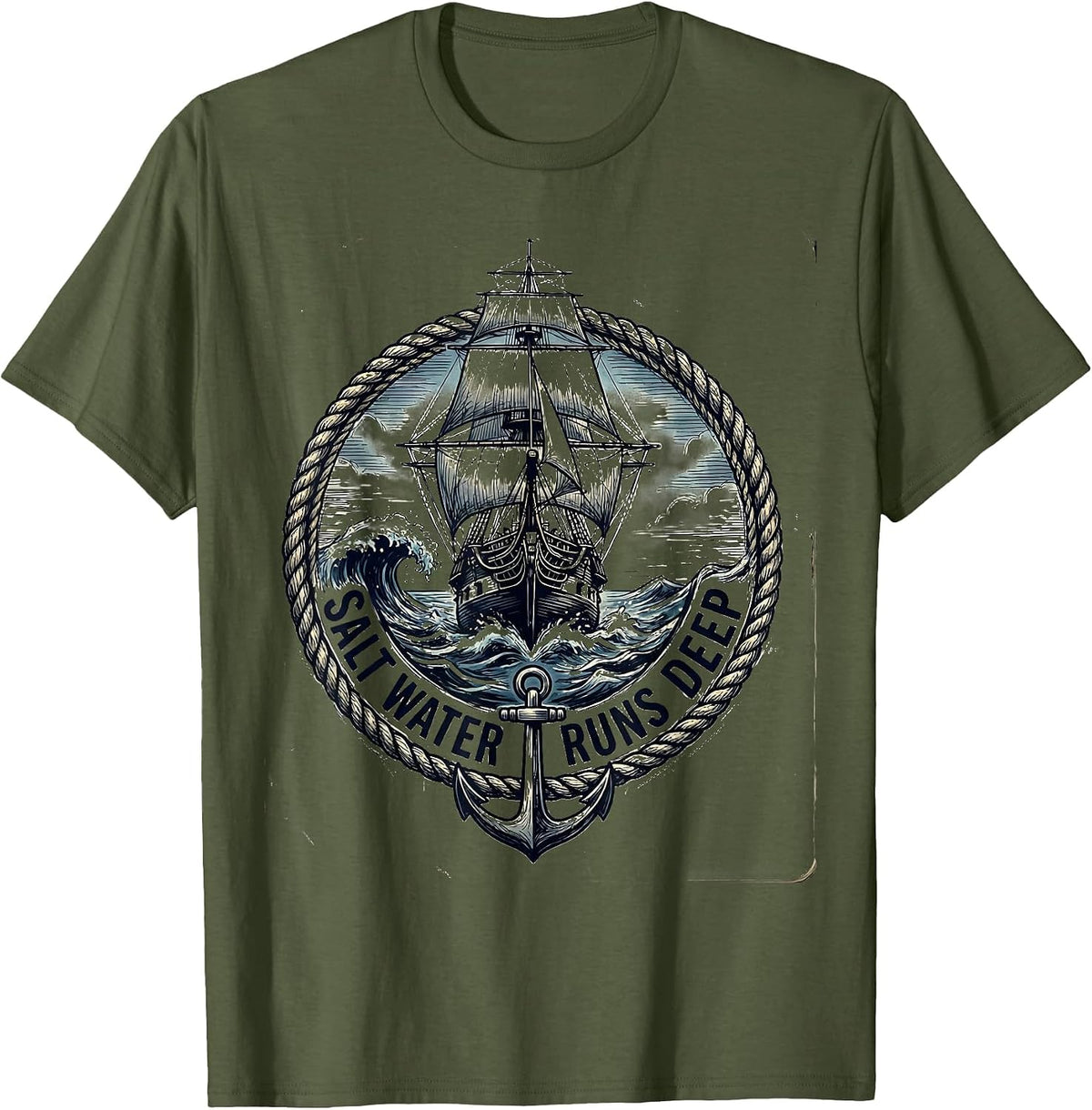 Men's Salt Water Runs Deep Navy Ocean Design T-Shirt - Olive Green