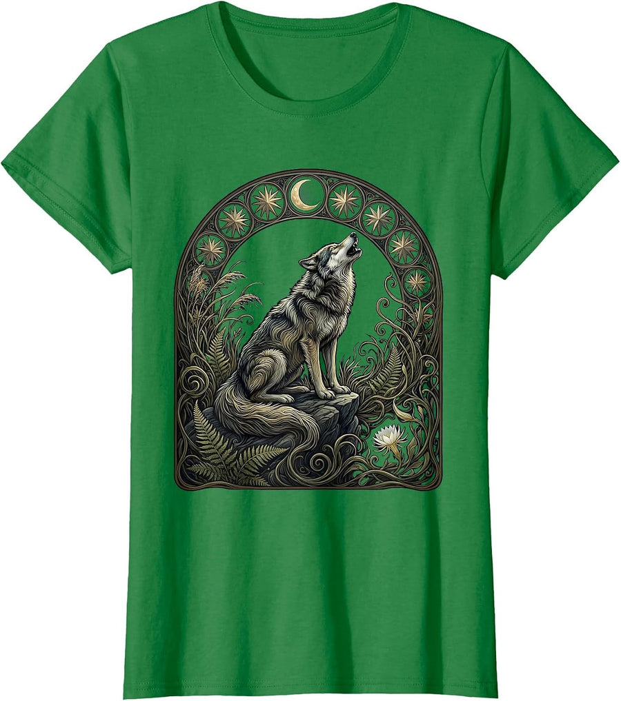 Women's Wolf Howling Under Starry Night Sky Illustration T-Shirt - Kelly Green