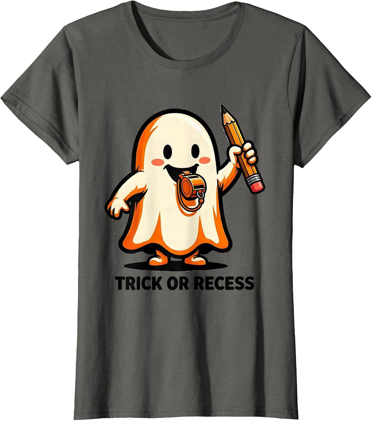 Women's Trick Or Recess Cartoon Ghost Halloween Teacher Costume T-Shirt - Asphalt Grey