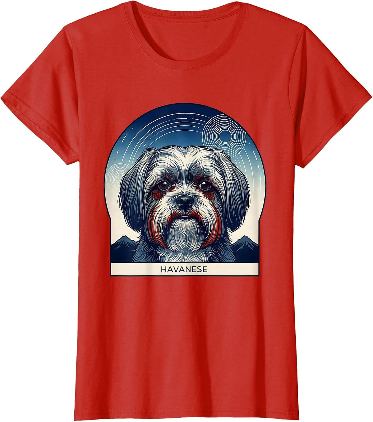 Havanese Ukiyo-e Van Gogh Style Starry Night Dog Portrait T-Shirt - Red