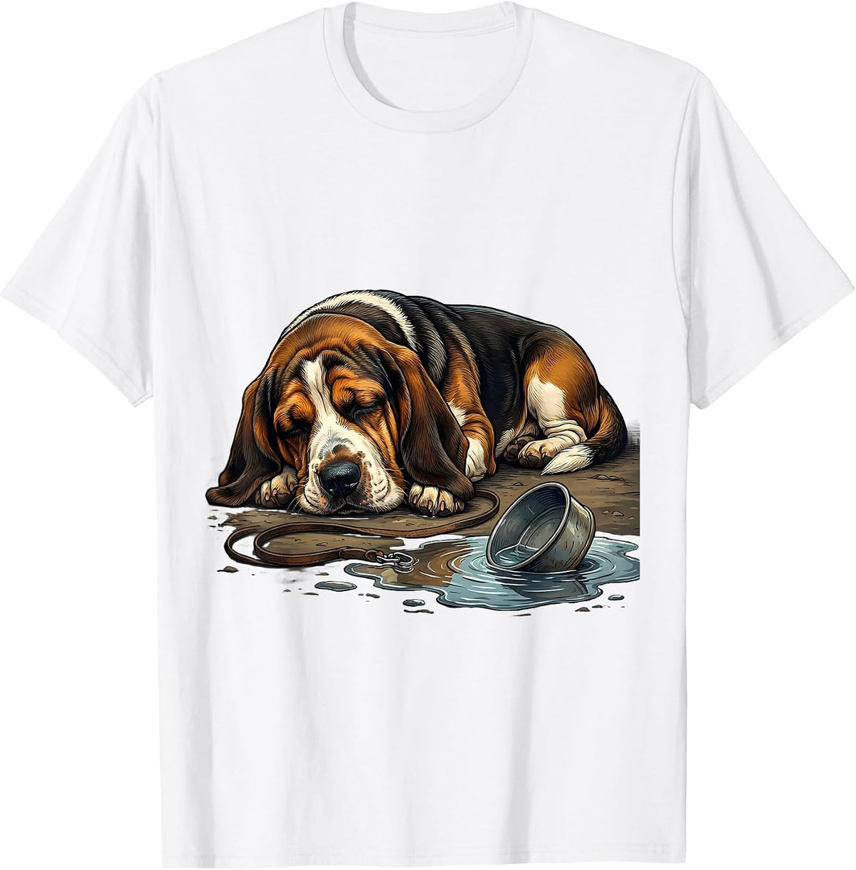 Men's Basset Hound Sleeping Beside Water Bowl Deadpan Humor T-Shirt - White