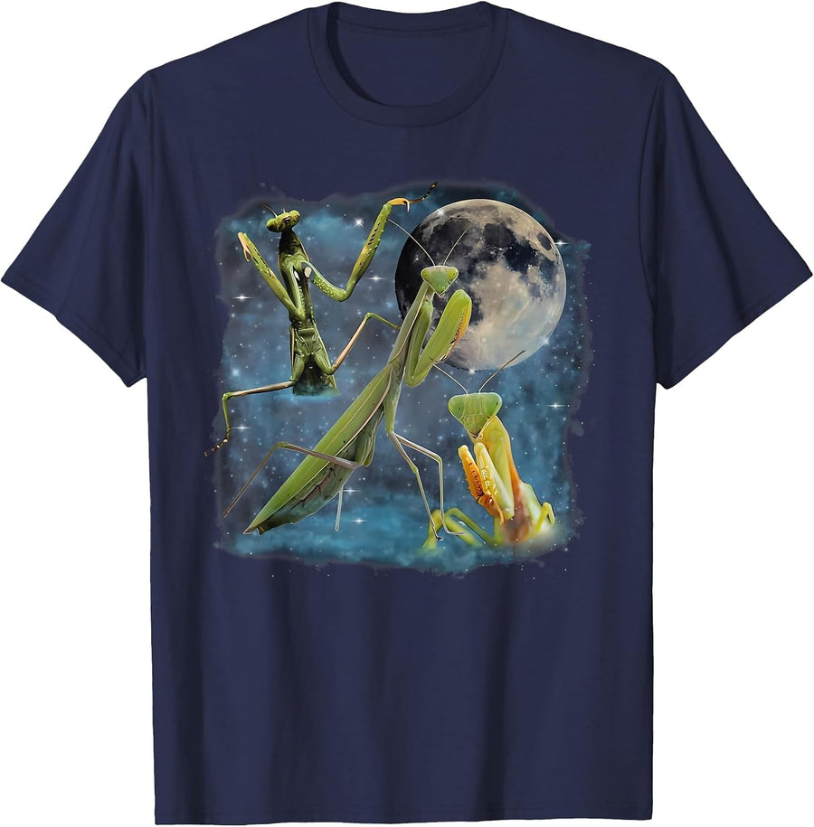 3 Praying Mantis Howling The Moon Entomologist Insect Lover T-Shirt - Navy Blue