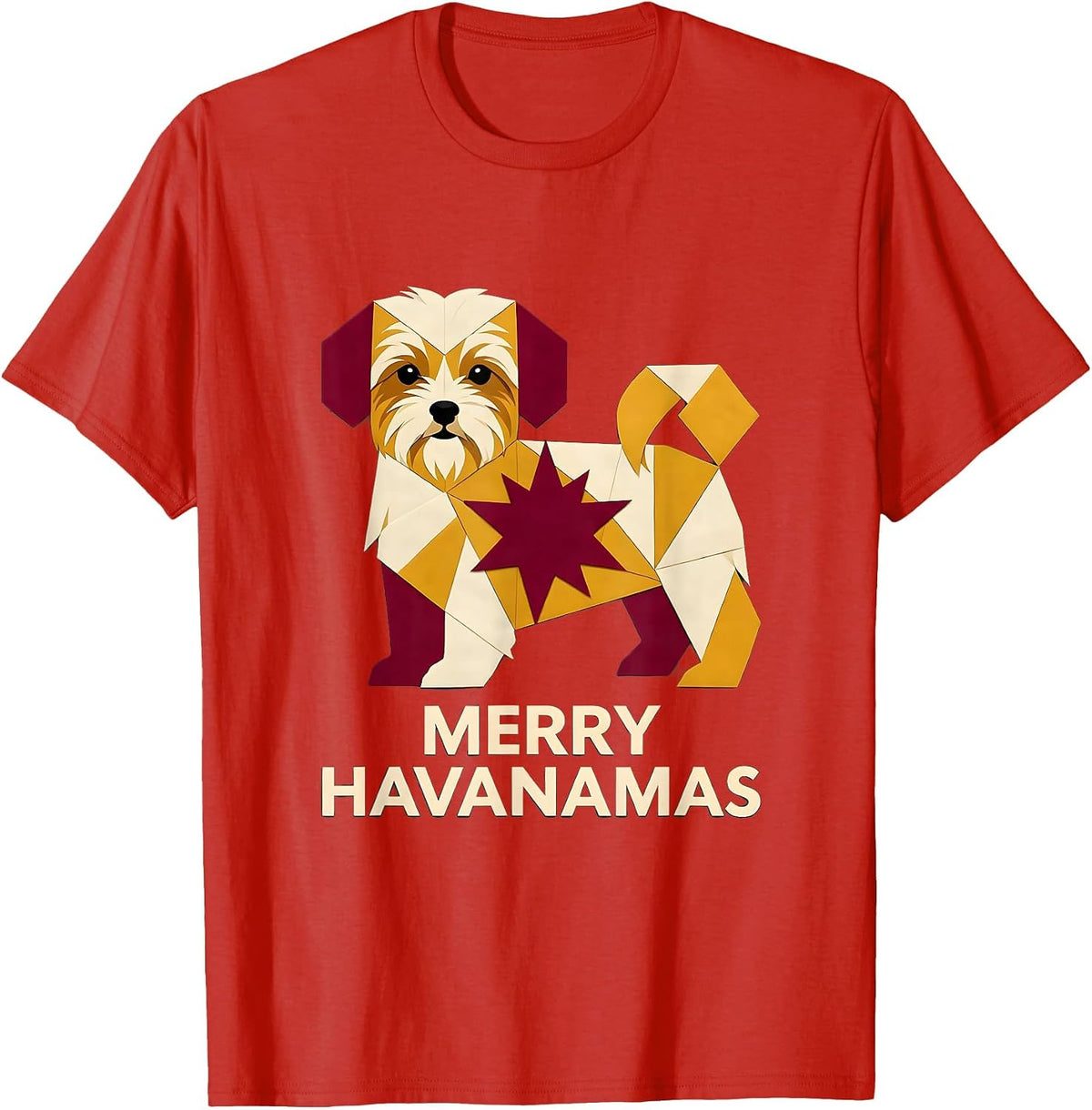 Men's Merry Havanamas Quilt Block Patchwork Havanese Christmas Dog T-Shirt - Red