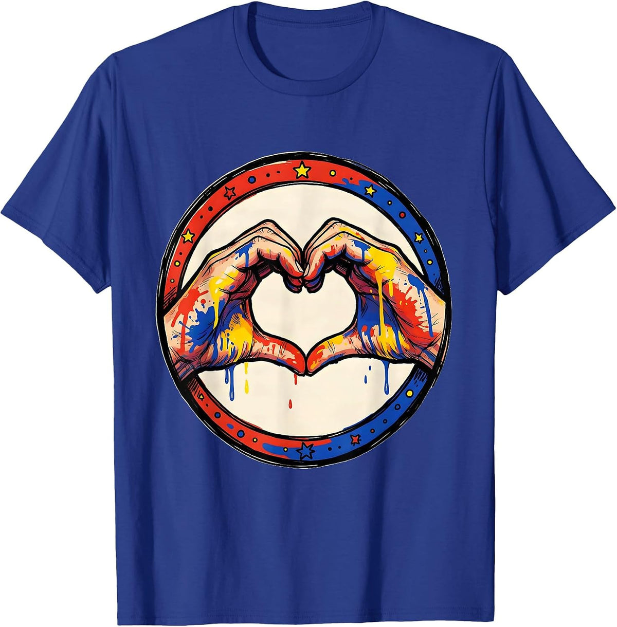 Preschool Teacher Paint Hand Heart Graphic T-Shirt - Royal Blue