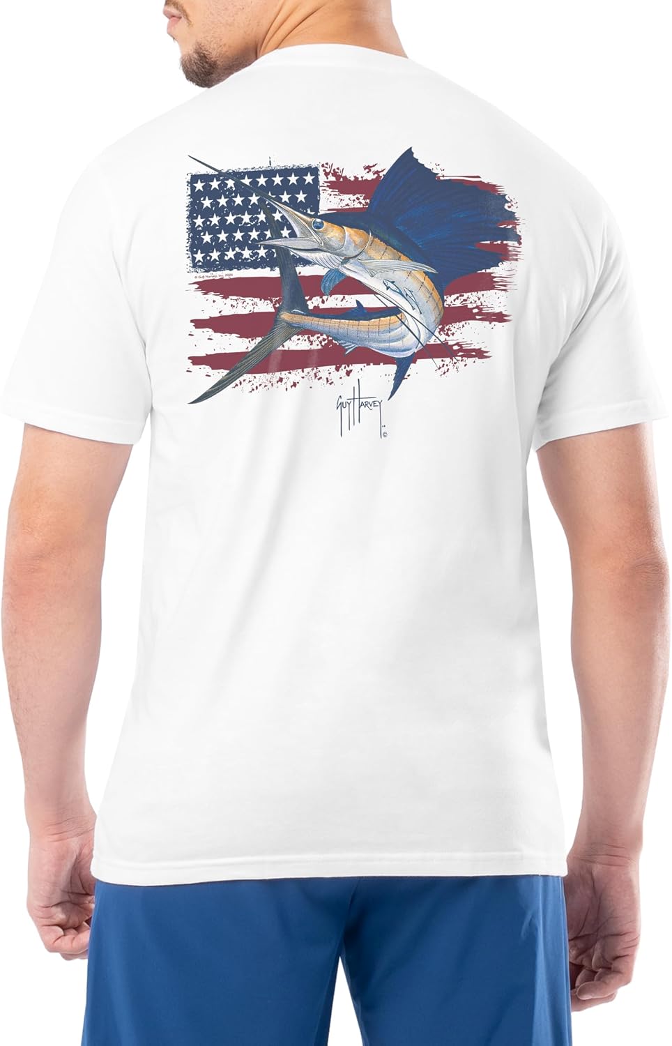 Guy Harvey Men’s HarborLite Short Sleeve Pocket T-Shirt - Bright White\/Sail Usa