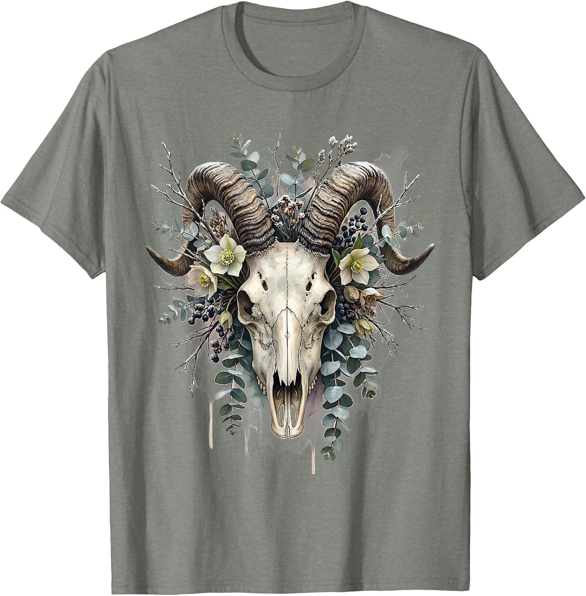 Men's Capricorn Crowned Goat Skull Winter Floral Zodiac T-Shirt - Olive Heather