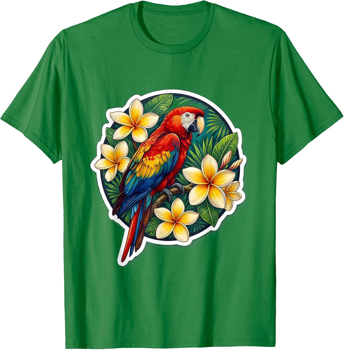 Men's Macaw Parrot Plumeria Hawaiian Floral Design T-Shirt - Kelly Green