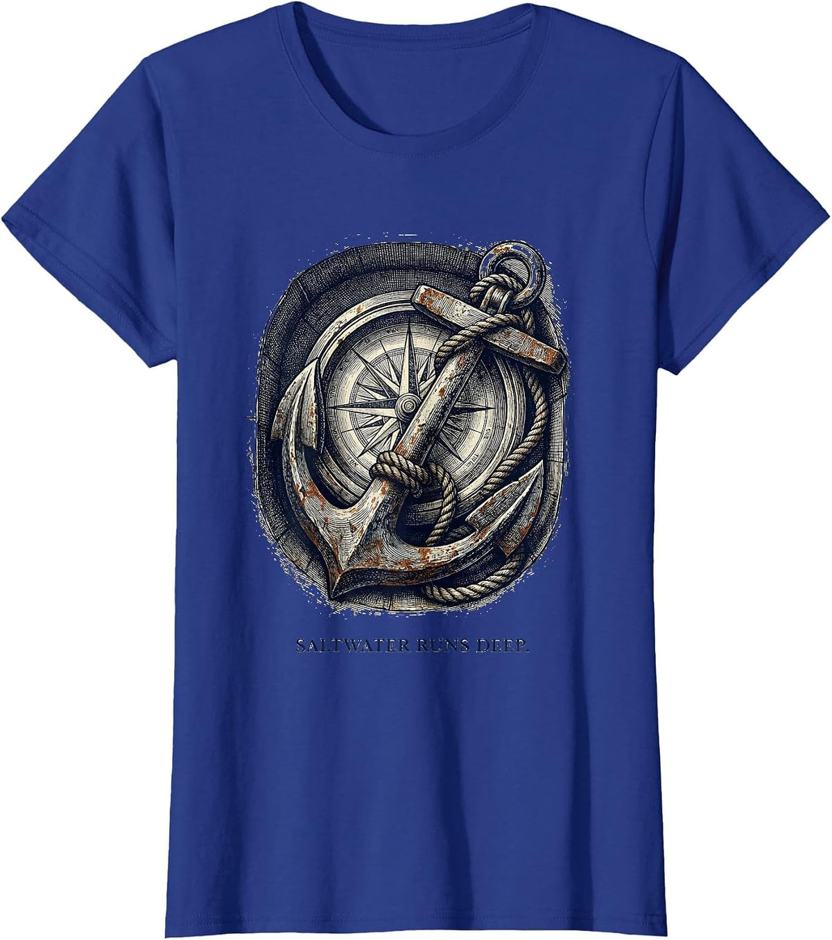 Women's Saltwater Runs Deep Sailor Graphic Design T-Shirt - Royal Blue