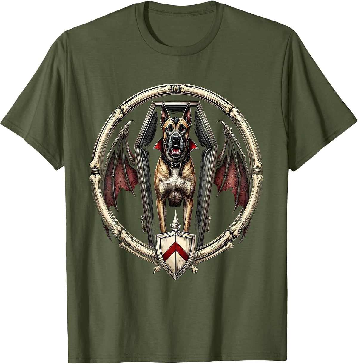 Great Dane Dracula Halloween Dog Coffin Design T-Shirt - Olive Green