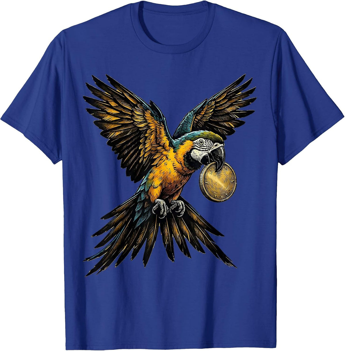 Men's Pirate Parrot Flying with Golden Coin T-Shirt - Royal Blue