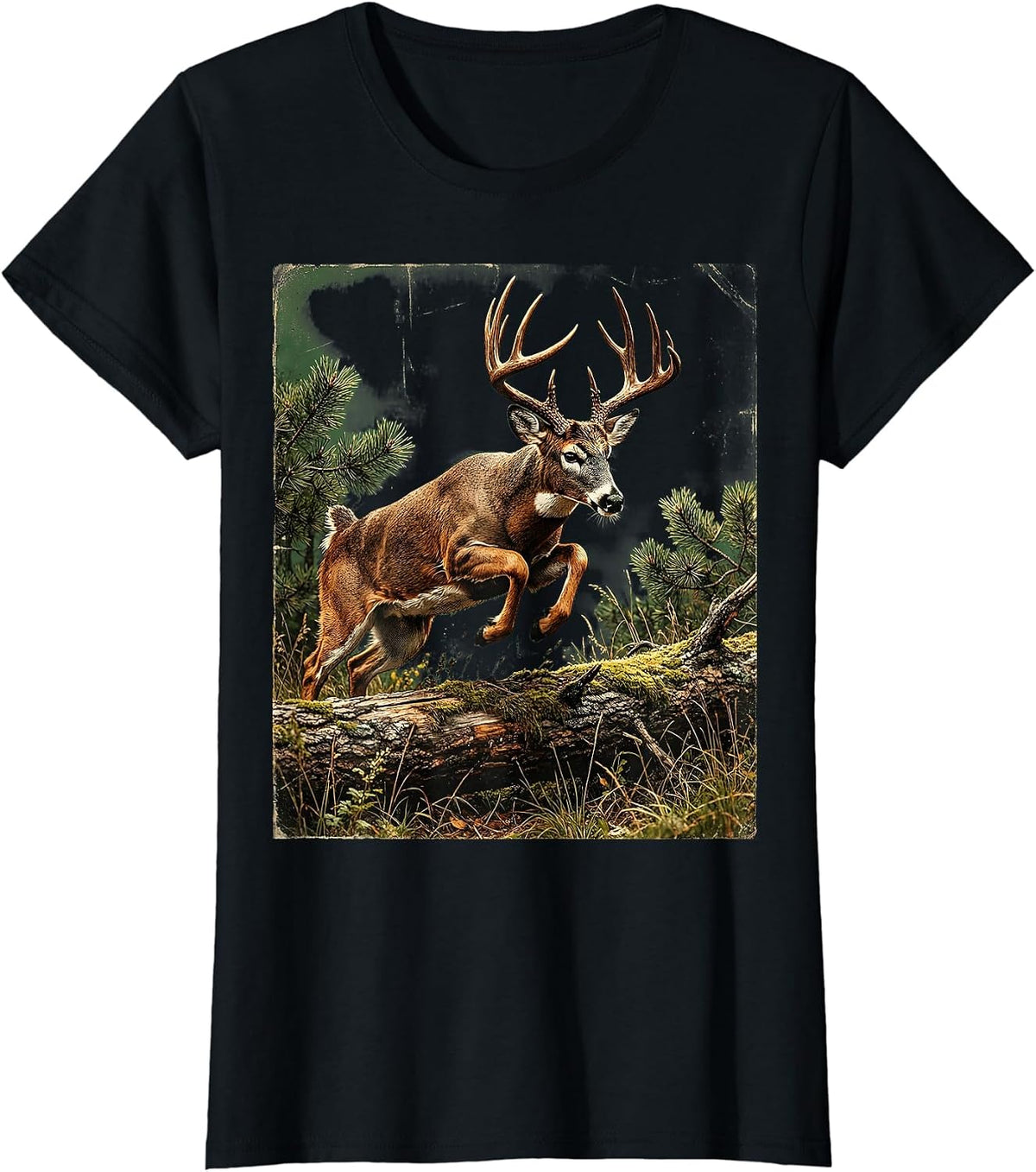 Whitetail Deer Leaping Over Fallen Log T-Shirt - Black