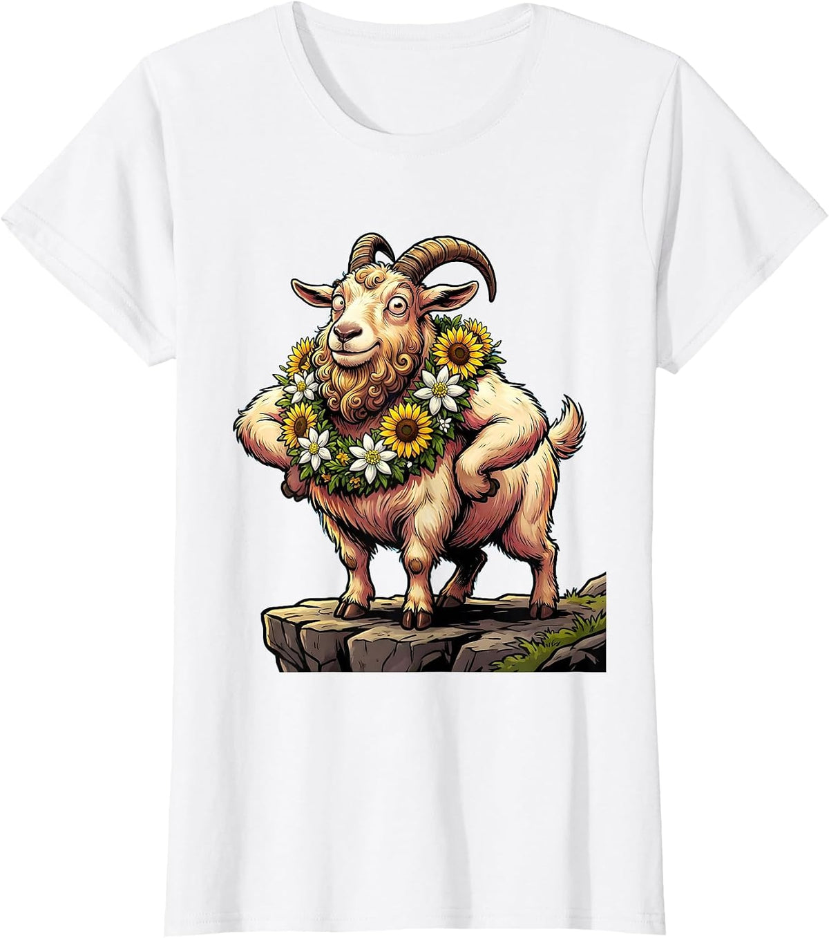 Oktoberfest Mountain Goat Flower Garland Design T-Shirt - White