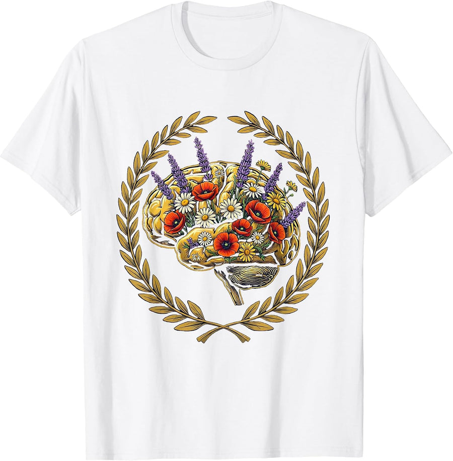 Men's Autism Awareness Wildflower Brain Illustration T-Shirt - White