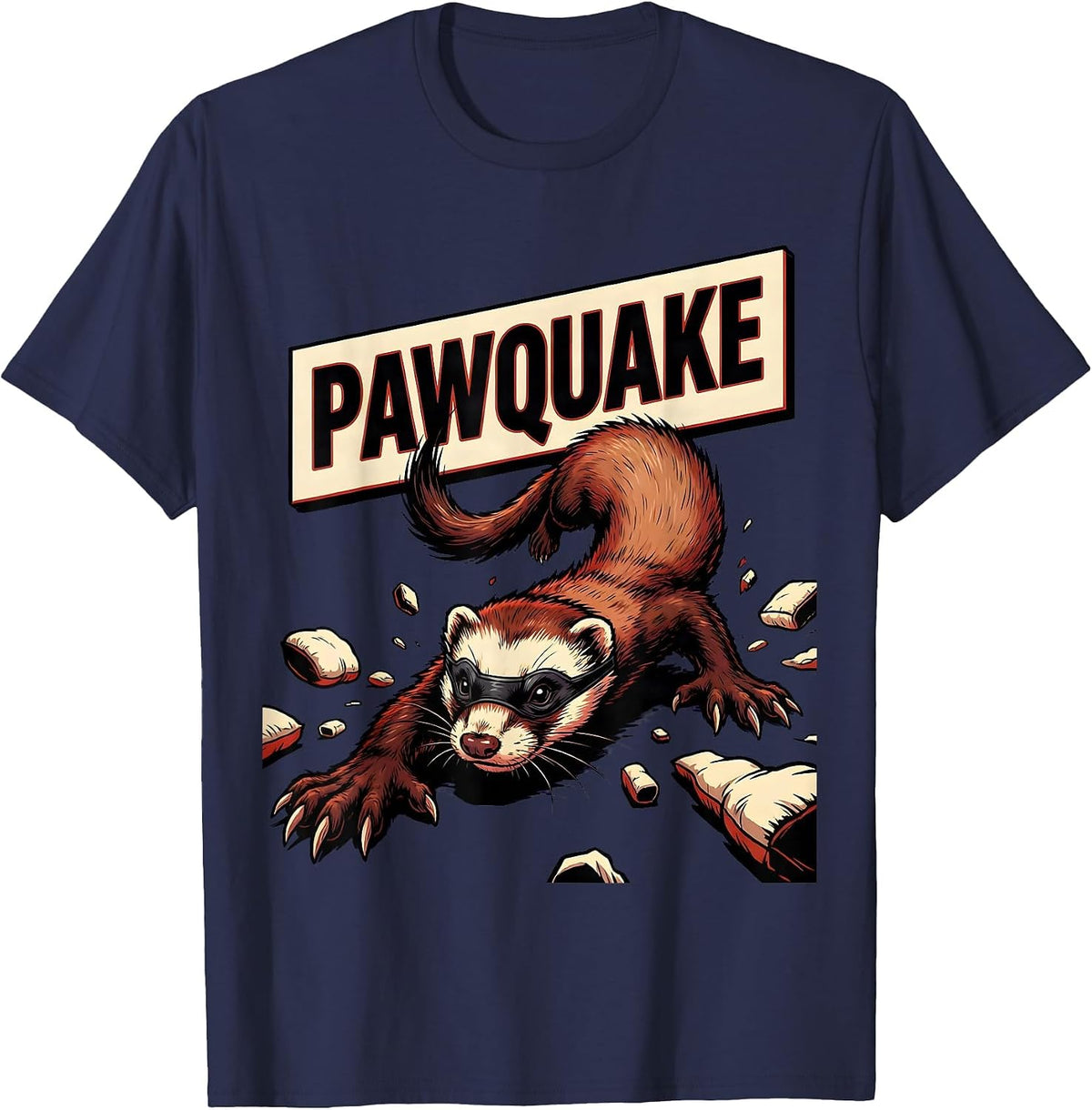 Men's Pawquake Cartoon Ferret Lover Gift T-Shirt - Navy Blue