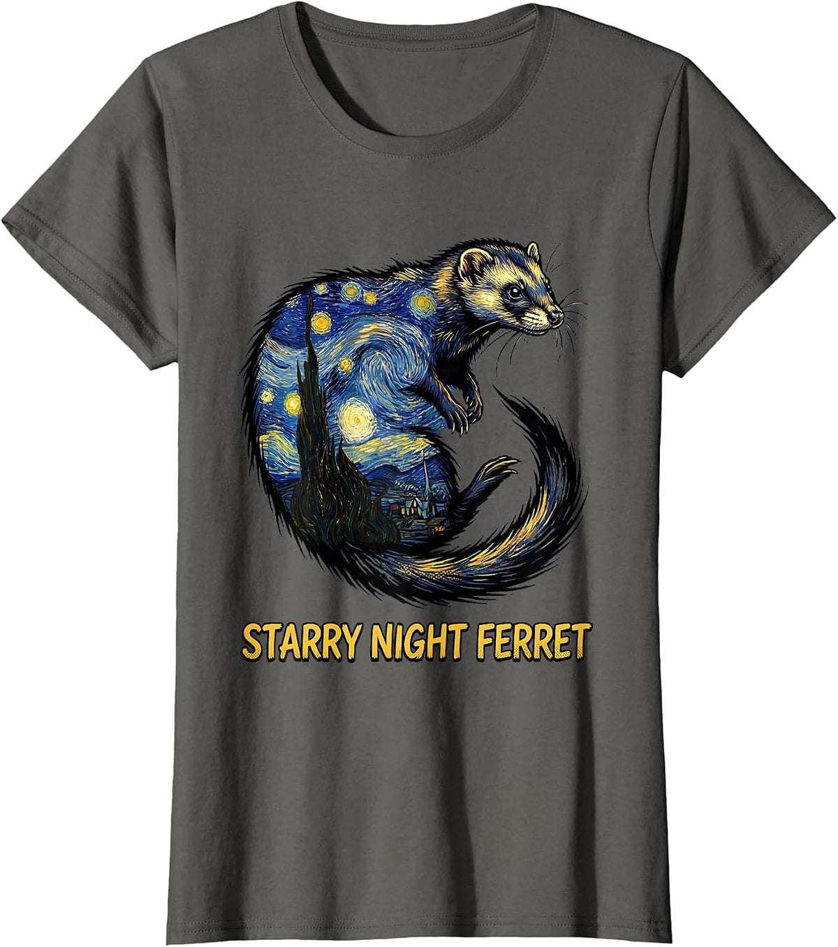 Women's Starry Night Ferret Comic Book Ferret Lover Art Homage T-Shirt - Asphalt Grey