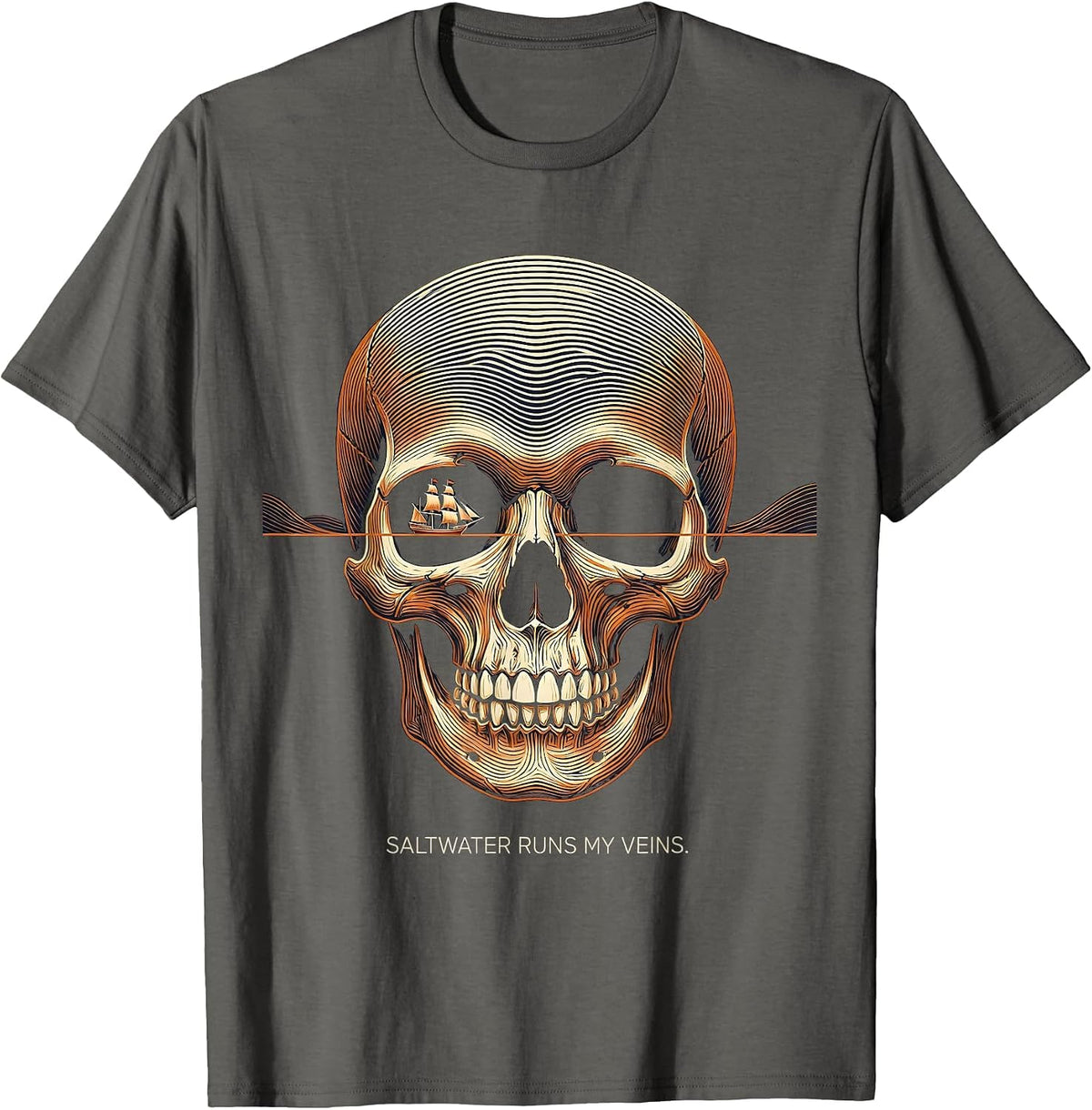 Men's Saltwater Runs My Veins Pirate Design T-Shirt - Asphalt Grey