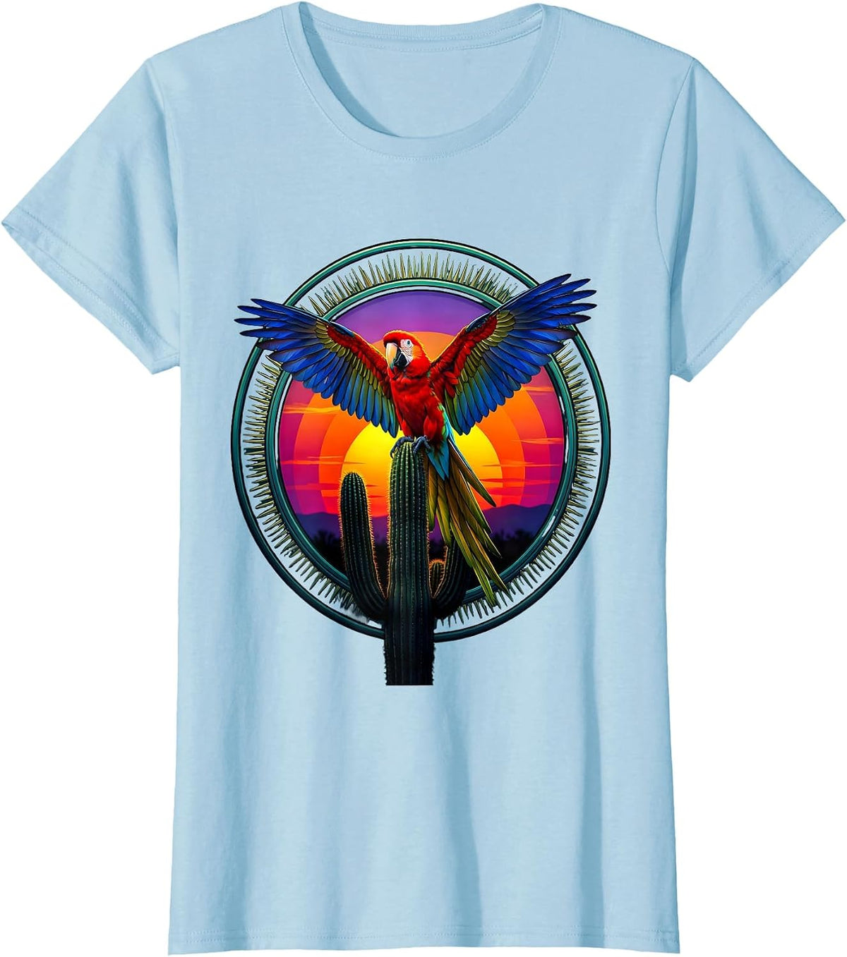 Latina Parrot on Cactus Sunset Illustration T-Shirt - Baby Blue