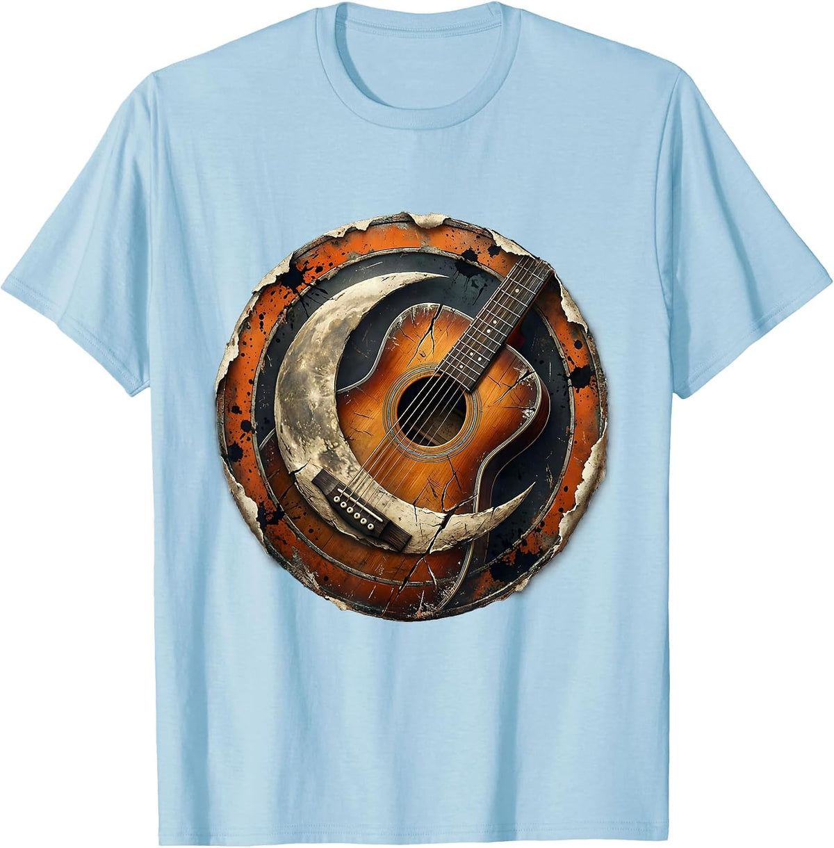 Men's Crescent Moon Acoustic Guitar Illustration T-Shirt - Baby Blue